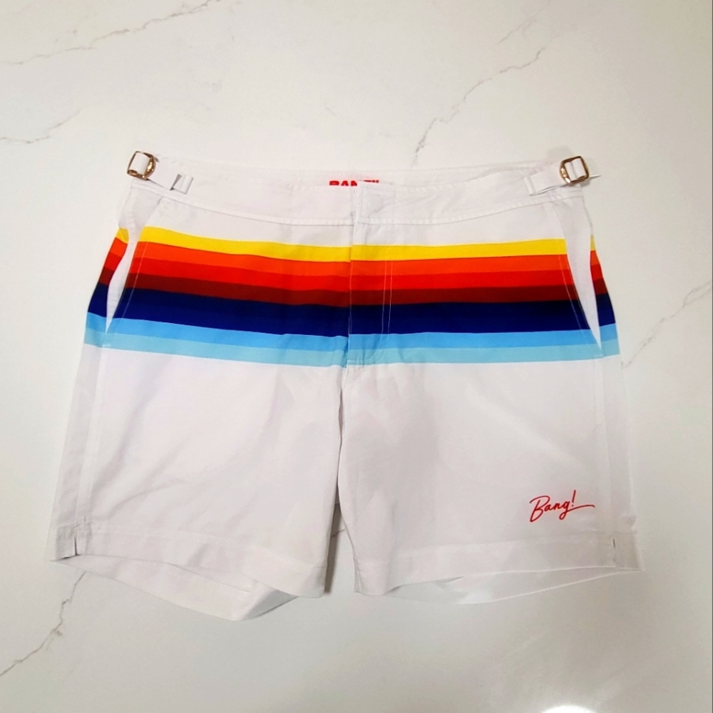 Men's White Swim Shorts with Rainbow Stripes